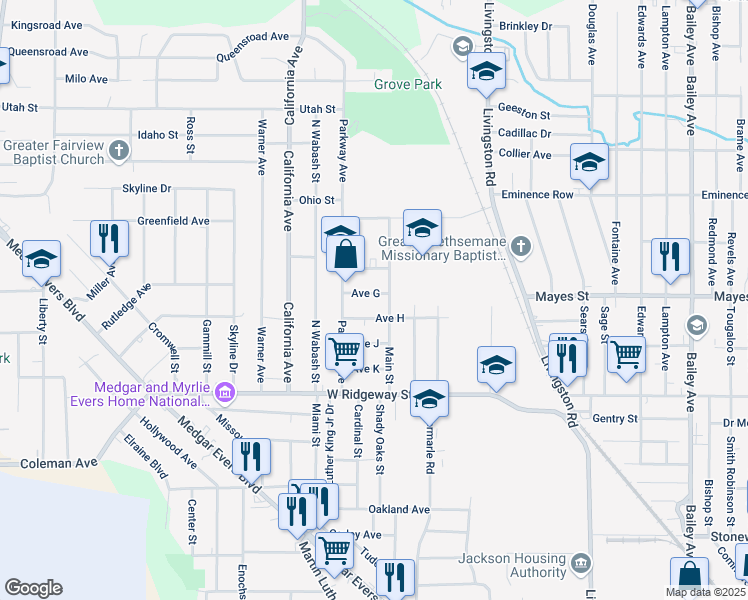 map of restaurants, bars, coffee shops, grocery stores, and more near 1832 Avenue H in Jackson