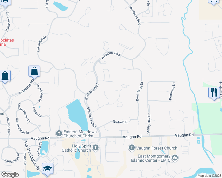 map of restaurants, bars, coffee shops, grocery stores, and more near 8200 Heathrow Place in Montgomery