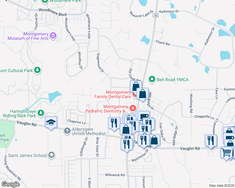 map of restaurants, bars, coffee shops, grocery stores, and more near 6704-6706 Quail Ridge Drive in Montgomery