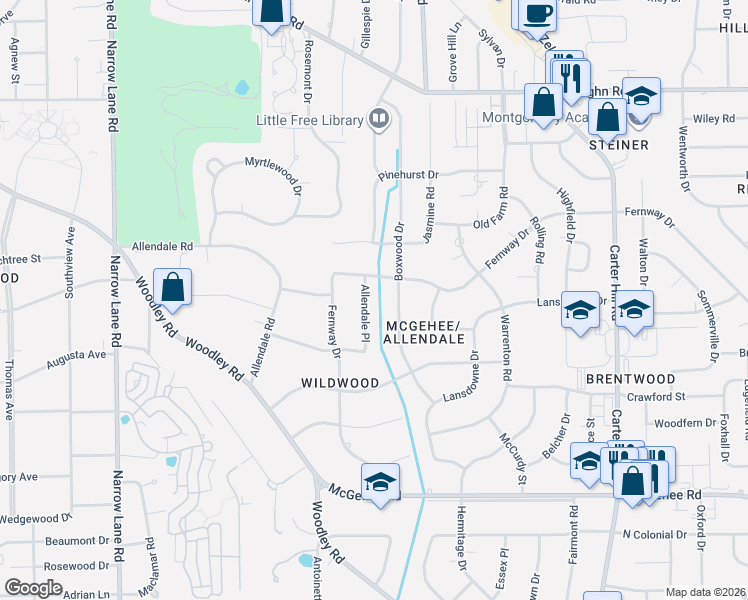 map of restaurants, bars, coffee shops, grocery stores, and more near 3320 Boxwood Drive in Montgomery
