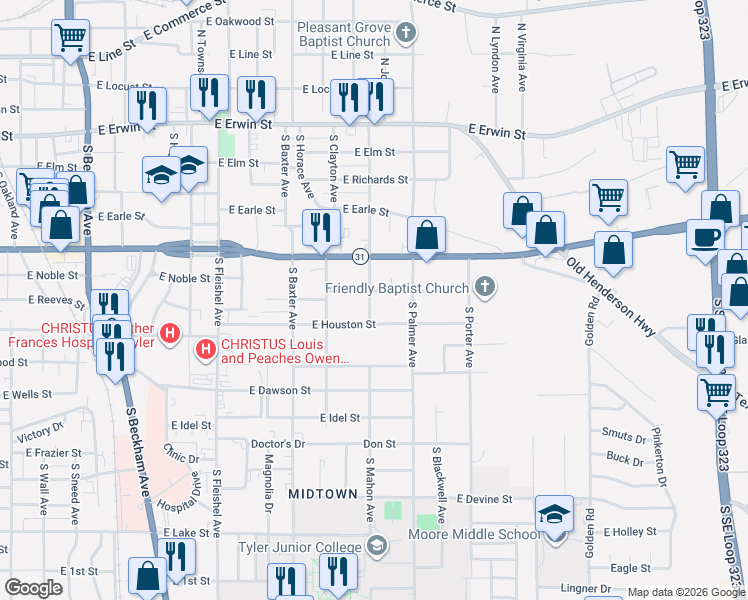 map of restaurants, bars, coffee shops, grocery stores, and more near 1601 East Lawrence Street in Tyler