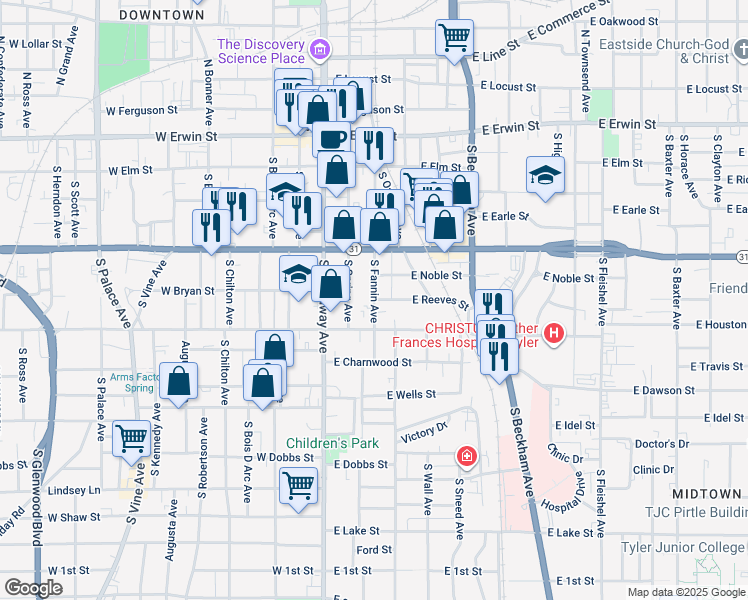 map of restaurants, bars, coffee shops, grocery stores, and more near 514 South Fannin Avenue in Tyler