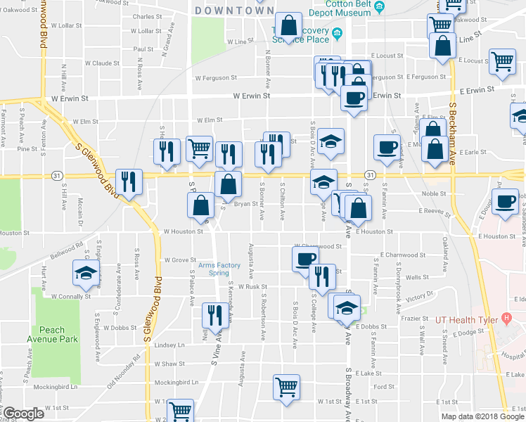 map of restaurants, bars, coffee shops, grocery stores, and more near 520 South Bonner Avenue in Tyler
