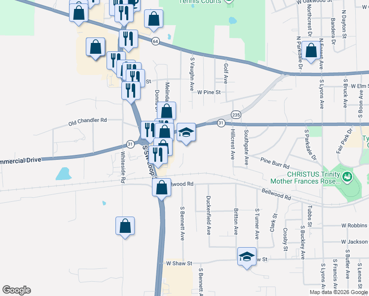 map of restaurants, bars, coffee shops, grocery stores, and more near 3450 Chandler Highway in Tyler
