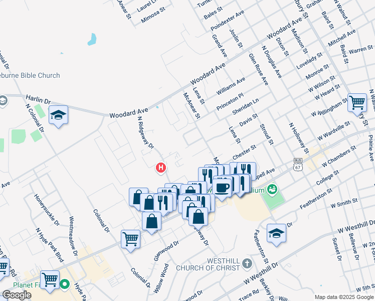 map of restaurants, bars, coffee shops, grocery stores, and more near 1315 Belvon Place in Cleburne
