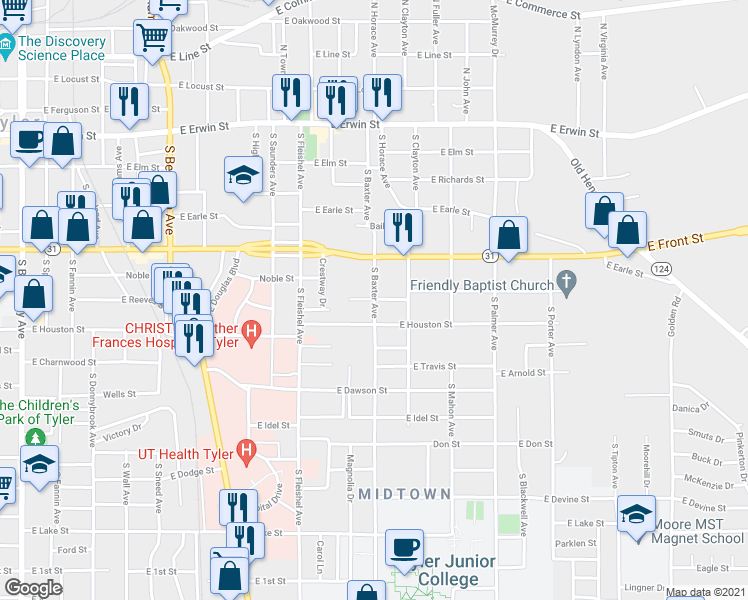 map of restaurants, bars, coffee shops, grocery stores, and more near 508 South Baxter Avenue in Tyler