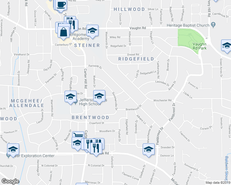 map of restaurants, bars, coffee shops, grocery stores, and more near 3353 Sommerville Drive in Montgomery