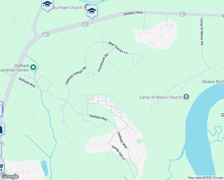 map of restaurants, bars, coffee shops, grocery stores, and more near 58 Okatie Bluff Road in Okatie