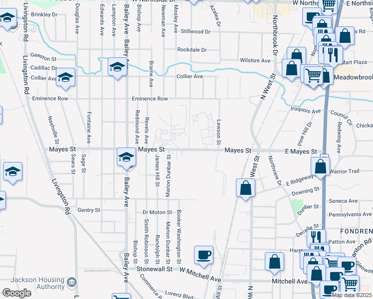 map of restaurants, bars, coffee shops, grocery stores, and more near 409 Mayes Street in Jackson