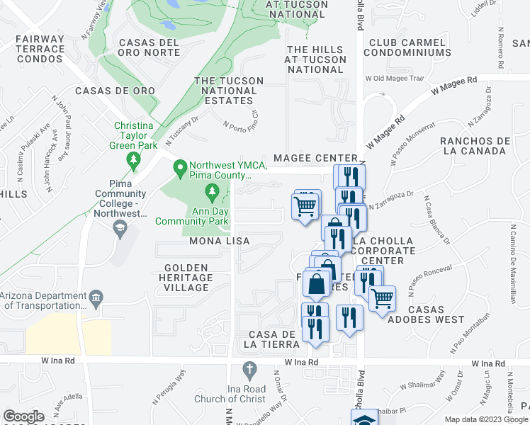 map of restaurants, bars, coffee shops, grocery stores, and more near 2342 West Monet Way in Tucson