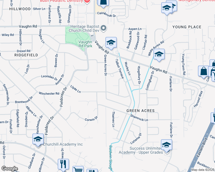 map of restaurants, bars, coffee shops, grocery stores, and more near 2078 Green Acres Drive in Montgomery