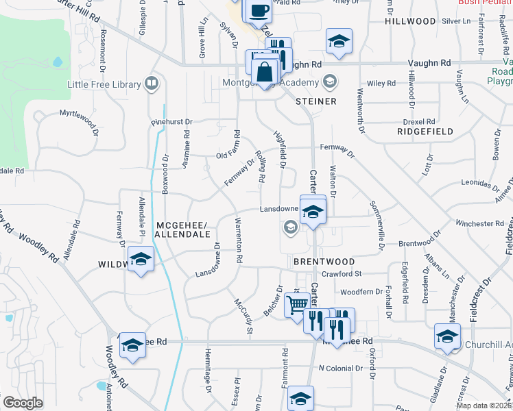 map of restaurants, bars, coffee shops, grocery stores, and more near 2810 Lansdowne Drive in Montgomery