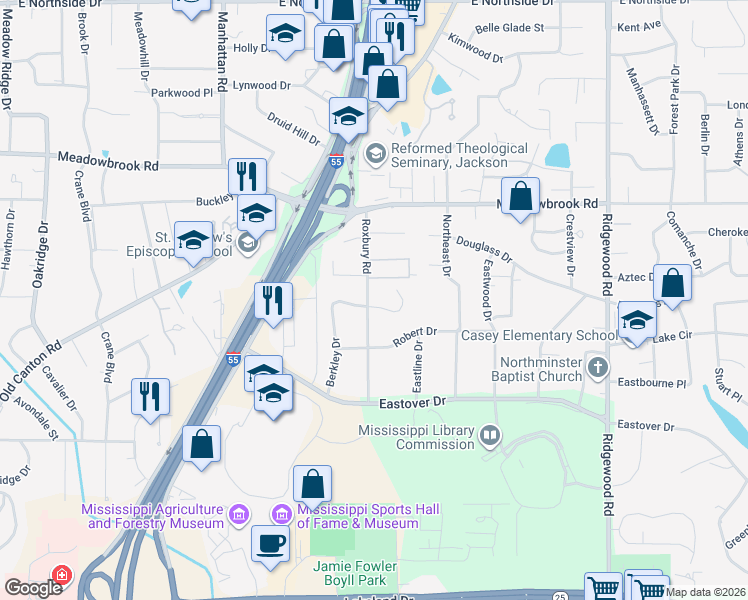 map of restaurants, bars, coffee shops, grocery stores, and more near 4008 Berkley Drive in Jackson