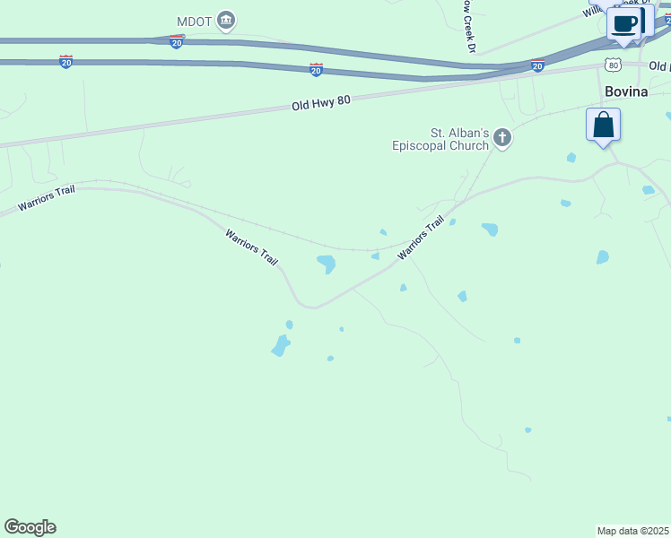 map of restaurants, bars, coffee shops, grocery stores, and more near 5350-5398 Warriors Trail in Vicksburg