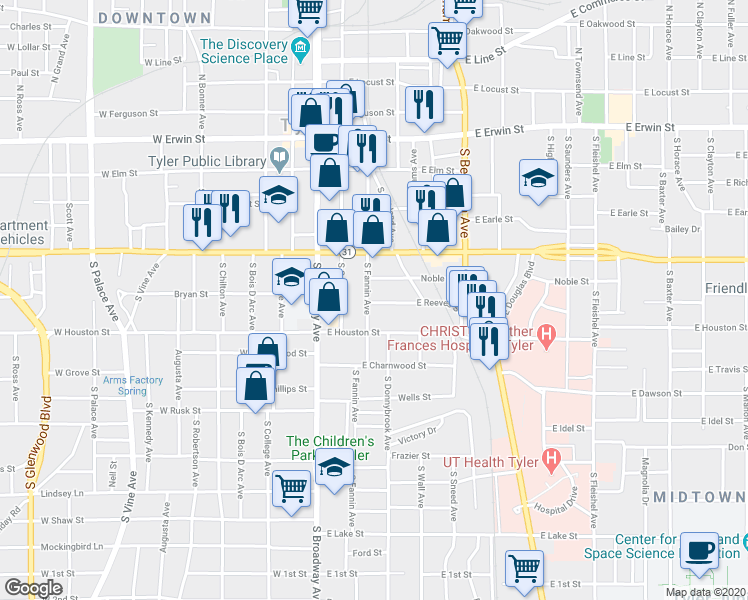 map of restaurants, bars, coffee shops, grocery stores, and more near 514 South Fannin Avenue in Tyler