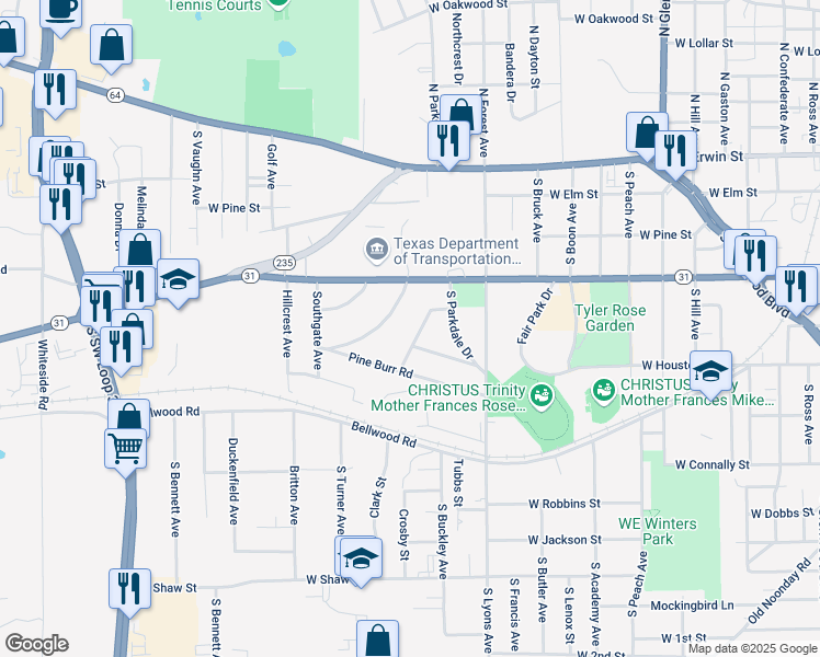 map of restaurants, bars, coffee shops, grocery stores, and more near 517 Sunnyside Drive in Tyler