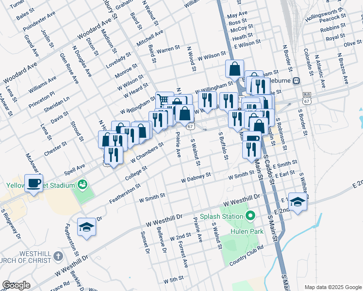 map of restaurants, bars, coffee shops, grocery stores, and more near 317 College Street in Cleburne
