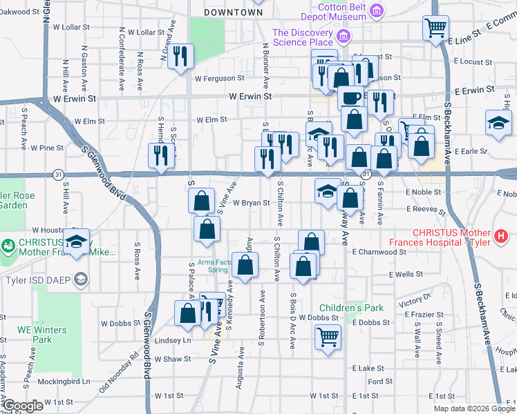 map of restaurants, bars, coffee shops, grocery stores, and more near 520 South Bonner Avenue in Tyler