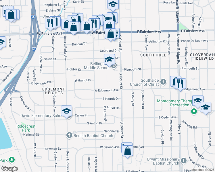 map of restaurants, bars, coffee shops, grocery stores, and more near 3488 South Court Street in Montgomery