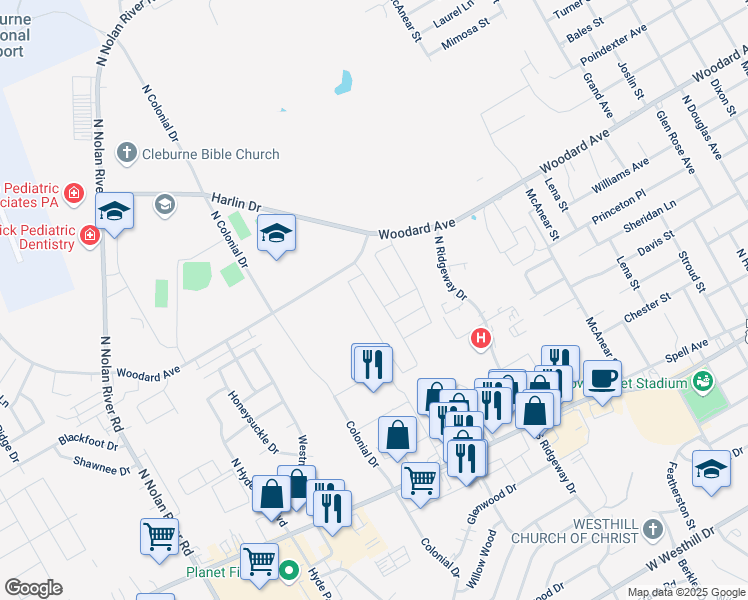 map of restaurants, bars, coffee shops, grocery stores, and more near 1011 Woodard Avenue in Cleburne
