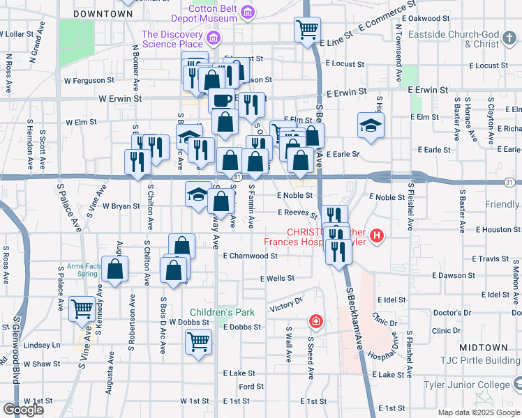 map of restaurants, bars, coffee shops, grocery stores, and more near 316 East Reeves Street in Tyler