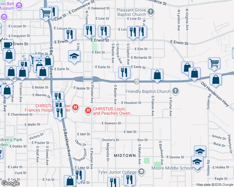 map of restaurants, bars, coffee shops, grocery stores, and more near 1208 East Houston Street in Tyler