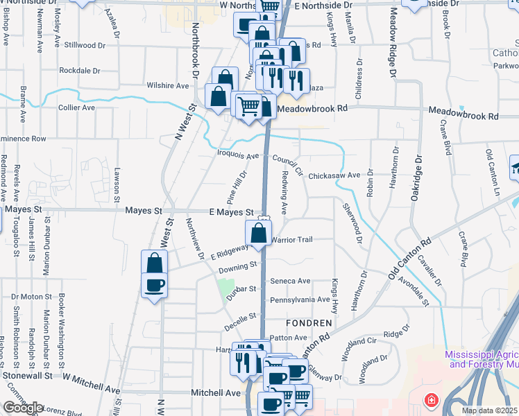 map of restaurants, bars, coffee shops, grocery stores, and more near 4005 North State Street in Jackson