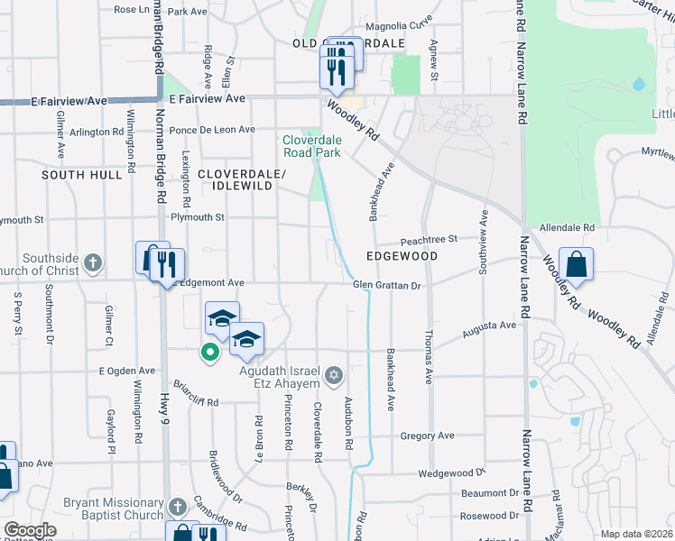 map of restaurants, bars, coffee shops, grocery stores, and more near 3395 Cloverdale Road in Montgomery