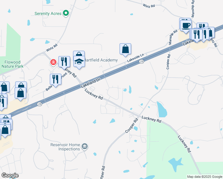 map of restaurants, bars, coffee shops, grocery stores, and more near 5201 Lakeland Drive in Flowood