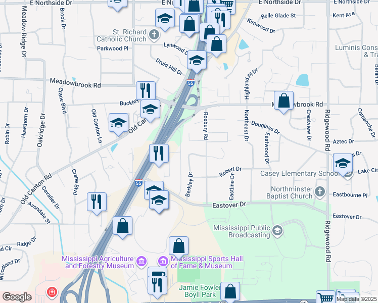 map of restaurants, bars, coffee shops, grocery stores, and more near 3980 Berkley Drive in Jackson