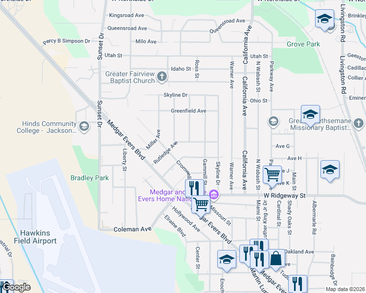 map of restaurants, bars, coffee shops, grocery stores, and more near 3720 Cromwell Street in Jackson