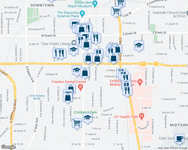 map of restaurants, bars, coffee shops, grocery stores, and more near 510 South Spring Avenue in Tyler