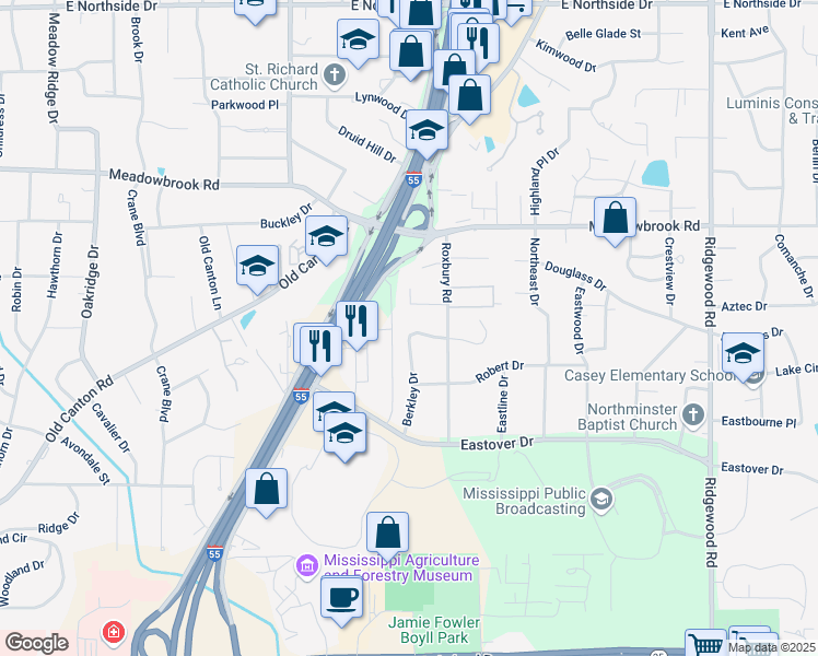 map of restaurants, bars, coffee shops, grocery stores, and more near 3980 Berkley Drive in Jackson