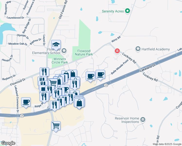 map of restaurants, bars, coffee shops, grocery stores, and more near 210 Promenade Boulevard in Flowood