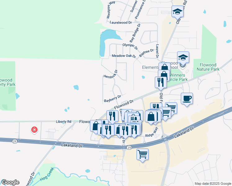 map of restaurants, bars, coffee shops, grocery stores, and more near 2004 Bayberry Drive in Flowood