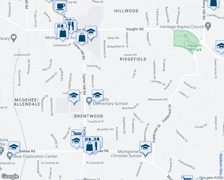 map of restaurants, bars, coffee shops, grocery stores, and more near 3349 Sommerville Drive in Montgomery
