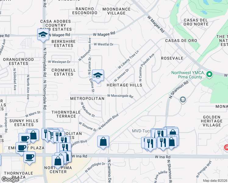 map of restaurants, bars, coffee shops, grocery stores, and more near 3257 West Massingale Road in Tucson