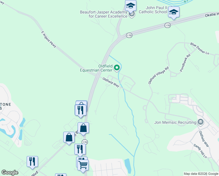 map of restaurants, bars, coffee shops, grocery stores, and more near 5 Greeters Lane in Bluffton