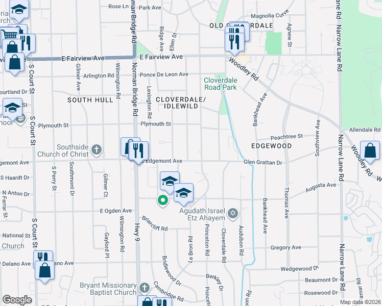 map of restaurants, bars, coffee shops, grocery stores, and more near 3383 Montezuma Road in Montgomery