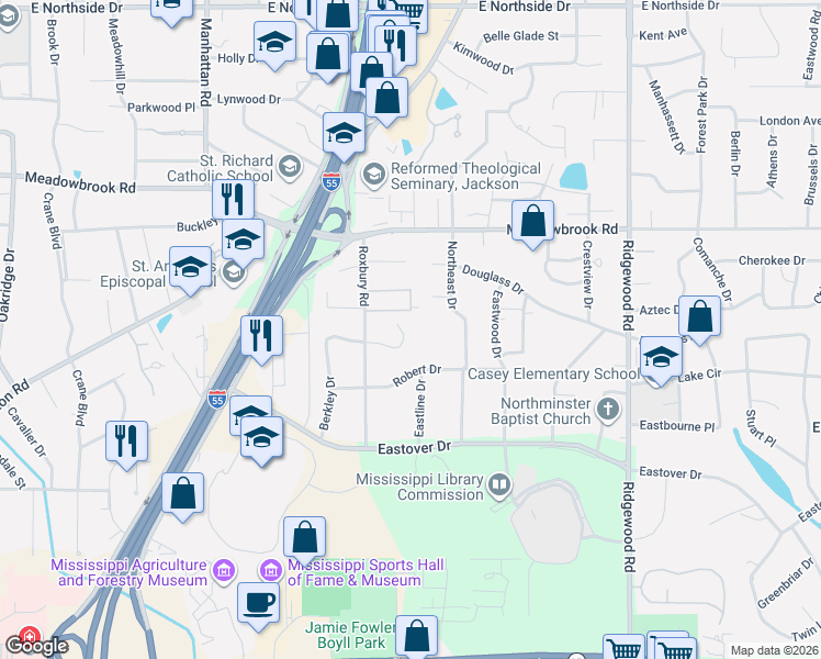 map of restaurants, bars, coffee shops, grocery stores, and more near 4032 Berkley Drive in Jackson
