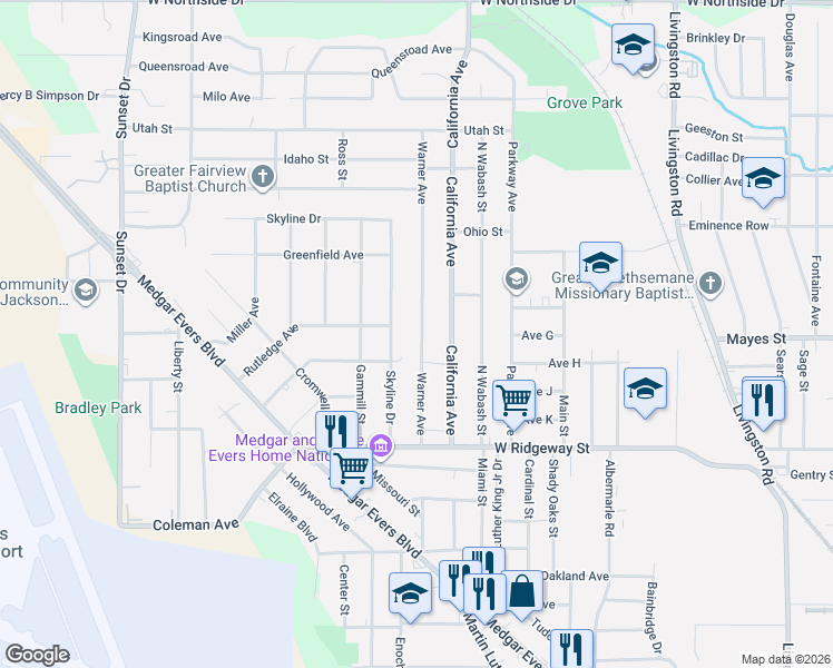 map of restaurants, bars, coffee shops, grocery stores, and more near 3807 Warner Avenue in Jackson