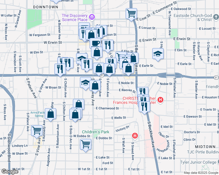 map of restaurants, bars, coffee shops, grocery stores, and more near 514 South Fannin Avenue in Tyler
