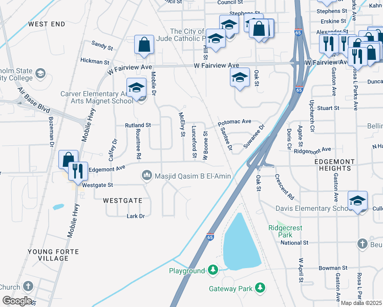 map of restaurants, bars, coffee shops, grocery stores, and more near 2501 West Edgemont Avenue in Montgomery