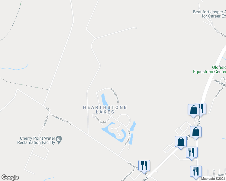 map of restaurants, bars, coffee shops, grocery stores, and more near 265 Fort Sullivan Drive in Coosawhatchie