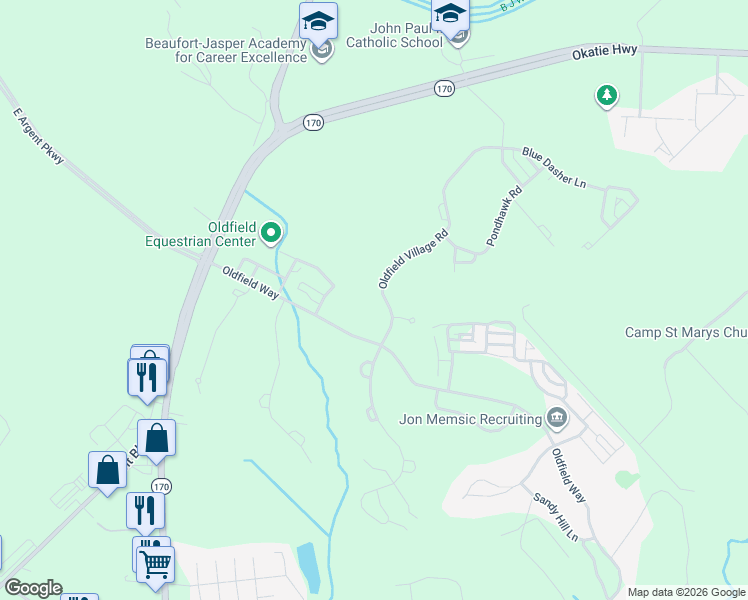 map of restaurants, bars, coffee shops, grocery stores, and more near 5 Oldfield Village Road in Bluffton