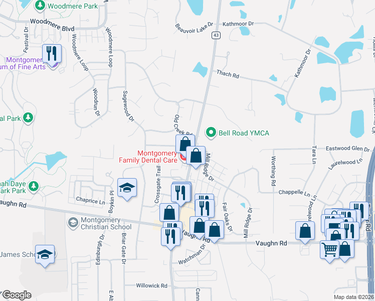 map of restaurants, bars, coffee shops, grocery stores, and more near 2549 Bell Road in Montgomery