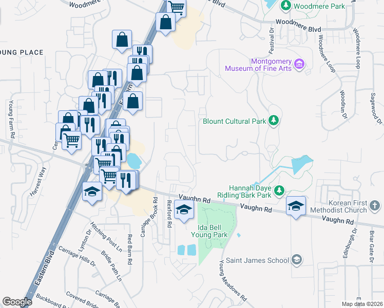 map of restaurants, bars, coffee shops, grocery stores, and more near 1800-2268 Vaughn Lakes Boulevard in Montgomery