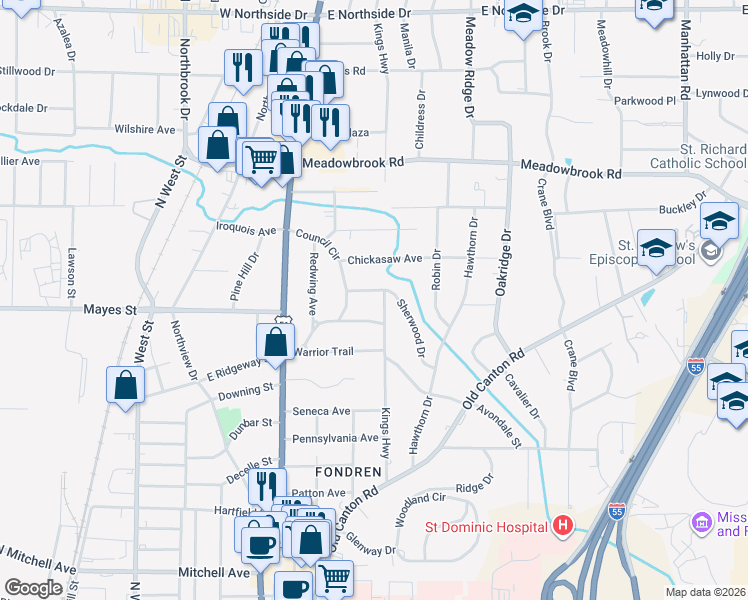 map of restaurants, bars, coffee shops, grocery stores, and more near 4004 Council Circle in Jackson