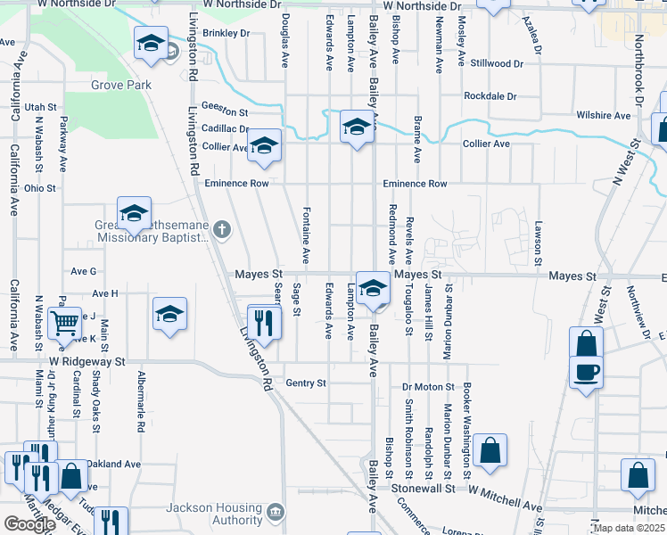 map of restaurants, bars, coffee shops, grocery stores, and more near 3243 Edwards Avenue in Jackson