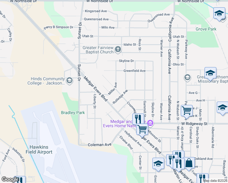 map of restaurants, bars, coffee shops, grocery stores, and more near 2720 Rutledge Avenue in Jackson